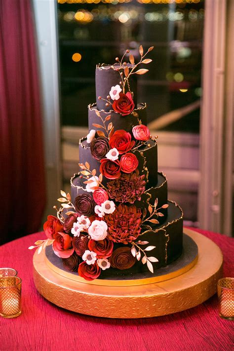 burgundy and gold fondant cake with sugar flowers romantic wedding cake wedding cakes