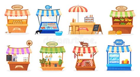 Cartoon Street Counter Market Stall Festival Stands Buying Farmer Food Product Wood Kiosk