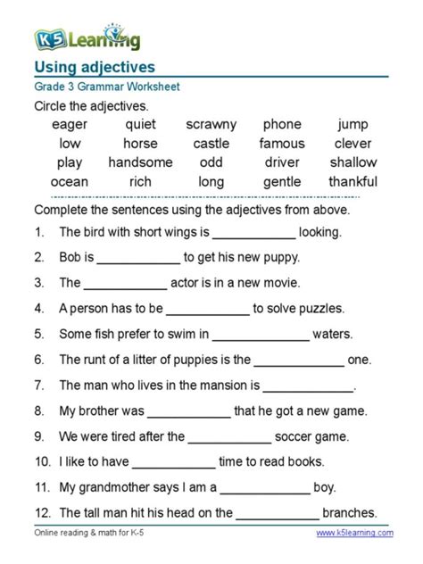 7th grade ela worksheets printable pdf. Grammar Worksheet Grade Adjectives Sentences Syntax ...