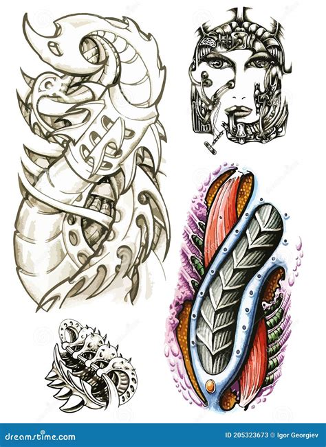 Biomechanical Tattoo Design Set Of Labels And Elements Vector Set
