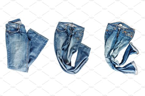 Collection Of Folded Jeans Isolated Featuring Blue Clothing And Pants