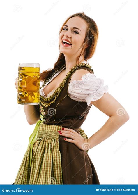 Happy Woman Drinking Beer During Oktoberfest Stock Photo Image Of