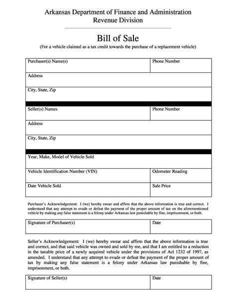 Free Bill Of Sale Printable Form