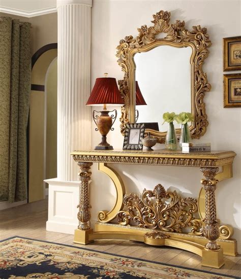 Hd 8016 Stm Gold Tone Finish Console Table With Mirror Luchy Amor
