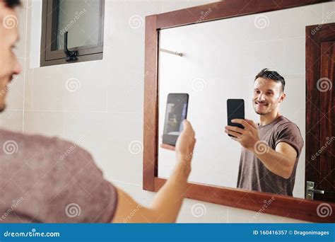 Smiling Man Taking Selfie In Bathroom Stock Image Image Of Adult Routine 160416357