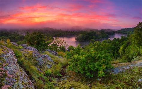 Nature Clouds Sunrise River Landscape Mist Trees Shrubs Colorful Wallpapers Hd Desktop