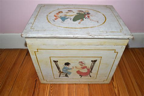 1920s Antique Wooden Hand Painted Toy Chest With Scenes Of