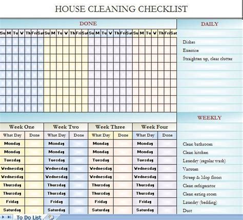 Organize and track your housekeeping chores with this house cleaning checklist template, which includes daily, weekly, monthly and seasonal lists of chores. House cleaning checklist - it's in Excel so you can change ...