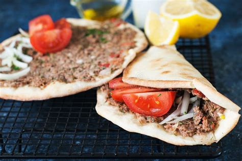 Lahmacun Turkish Traditional Cuisine Flatbread With Minced Meat And