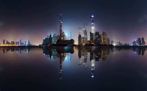 Shanghai China City Cityscape Skyscraper Tower Water Sea Reflection