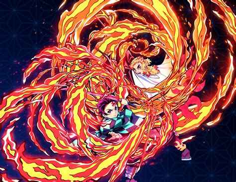Download Kyojuro Rengoku And Tanjiro Kamado Fighting Wallpaper