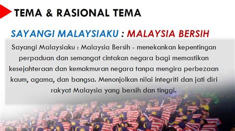 Tema hari kebangsaan 2019 (hari kemerdekaan 2019) ialah 'sayangi malaysiaku: Tema dan Logo Hari Kebangsaan 2019
