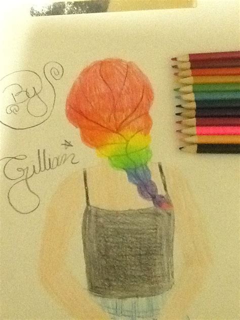This Is A Drawing Of A Girl With A Rainbow Ombre Dyed Hair Styled In A