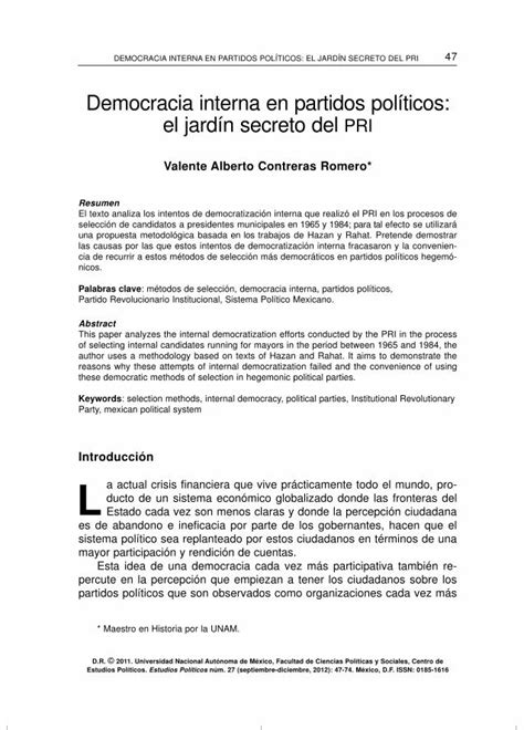 Pdf Democracia Interna En Partidos Pol Ticos El Jard N