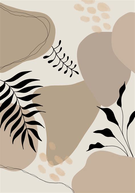 An Abstract Painting With Black And Beige Leaves On White Background