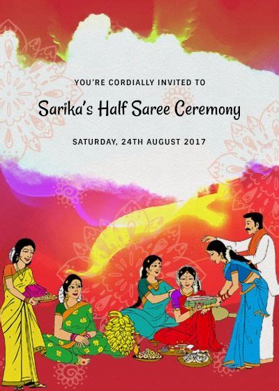 If you're stumped out what to put in your invitation text message, check out the. Colorful Half Saree Ceremony Invitation | Half saree ...