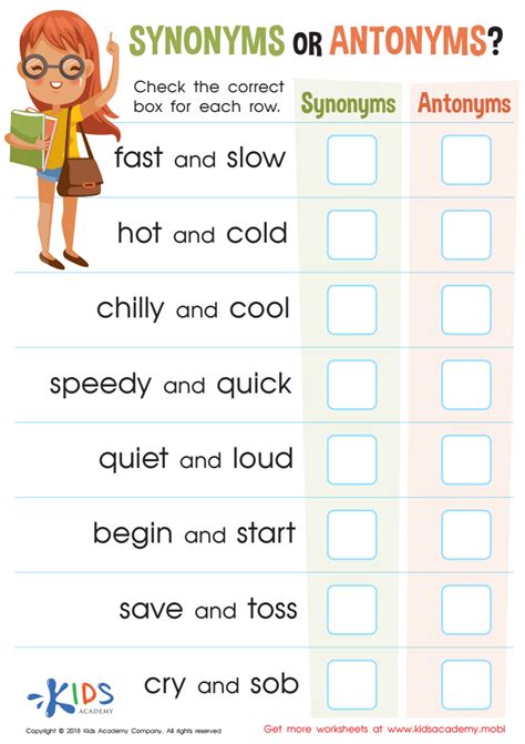 Synonyms Or Antonyms Assessment Worksheet For Kids