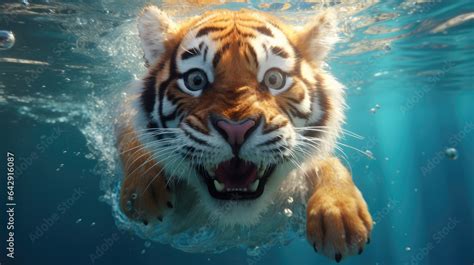 Close Up Of A Tiger Swimming Underwater In The Water With Its Mouth