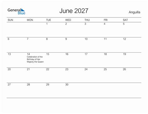 Printable June 2027 Monthly Calendar With Holidays For Anguilla