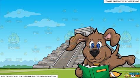 Dexter The Dog Reading A Book And Temple Of Kukulcan Mayan Pyramid