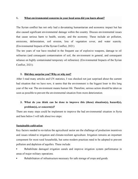 Discussion Forum Unit 1 - 1. What environmental concerns in your local