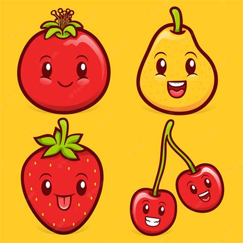 Colección De Ilustraciones De Personajes De Frutas Kawaii Vector Premium