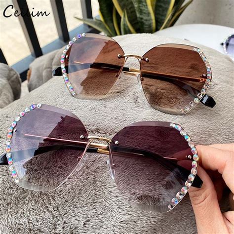 Female Luxury Brand Crystal Diamond Rimless Sunglasses In 2020