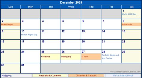 December 2029 Australia Calendar With Holidays For Printing Image Format