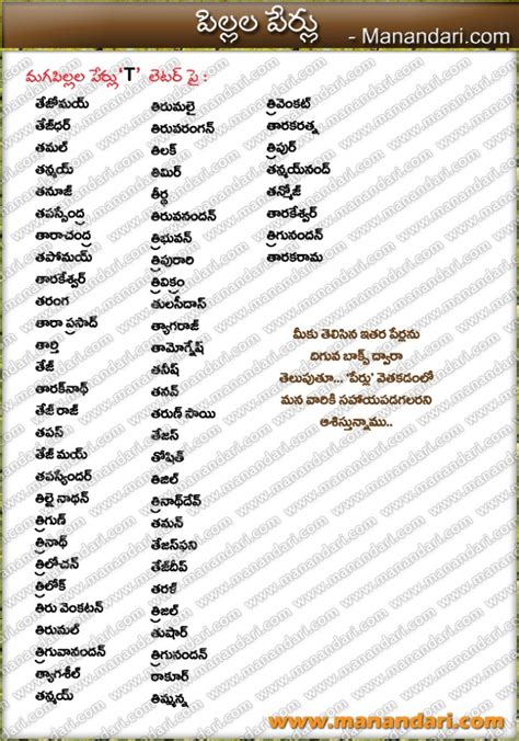 Latest collection of telugu baby boy names, starting with c with meanings, for newborn babies. Baby Boys T letter names - Manandari.com