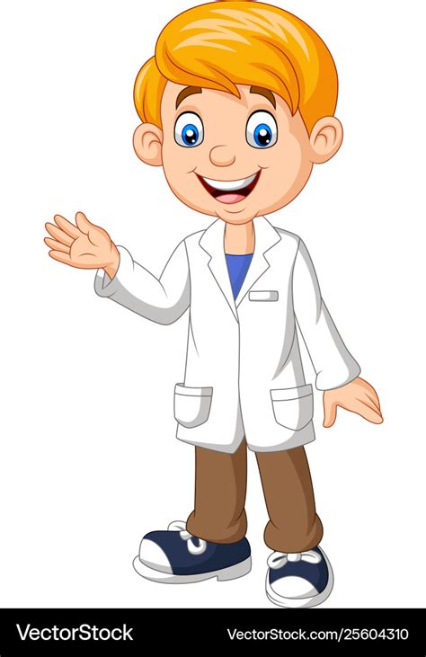 Cartoon Boy Scientist Wearing Lab White Coat Wavin