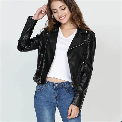 Liva Girl Spring Pu Leather Balck Oblique Zipper Jacket For Women Fashion Female Motorcycle