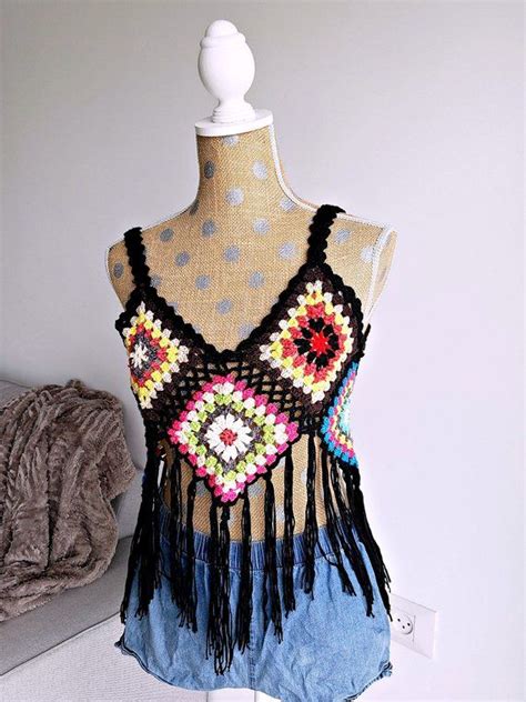 Vintage crochet patterns granny square crochet pattern crochet round crochet motif crochet designs crochet flowers crochet stitches irish after completing my last free crochet pattern, the stash bustin' crochet flower in a square, i decided i would make a few of these adorable flowers as. Retro Granny Square Crochet Crop Top Pattern, Boho Festival Tank Top w/ Fringe. Instructions for ...