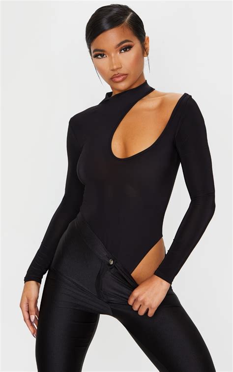 Black Slinky Cut Out Strappy Bodysuit Tops Prettylittlething