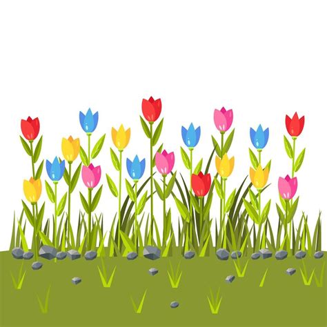 Flowers Field With Colorful Tulips Green Grass Border Spring Scene