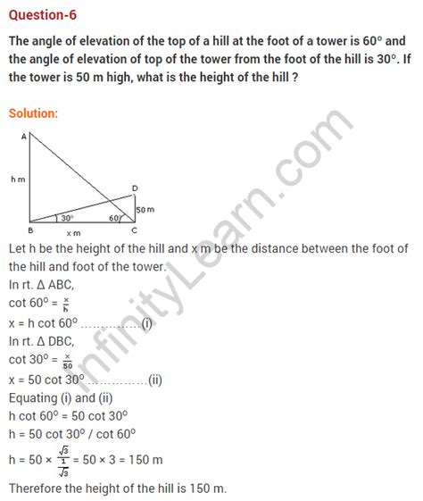 Some Applications Of Trigonometry Class 10 Extra Questions Maths Chapter 9