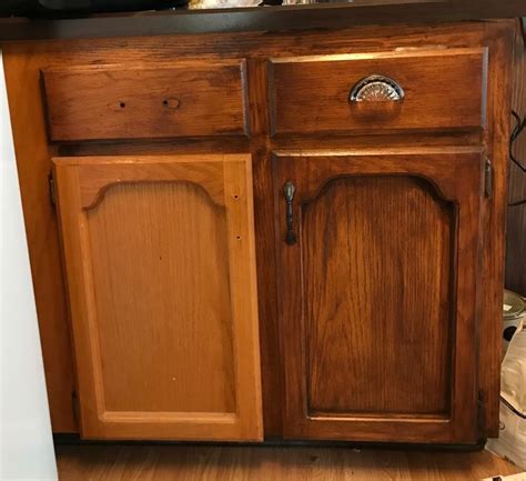 Staining oak from honey oak to dark the fast and easy way. Honey oak cabinets DIY Mahogany Gel Stain. Before, during ...