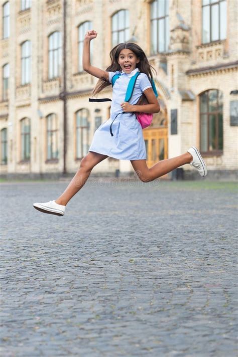 Happiness Of Jumping School Brunette Girl Jumping School Girl With