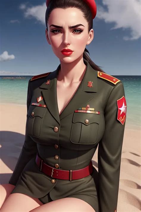 dopamine girl a concept art of sara retali wearing soviet uniform kneeing on the beach big