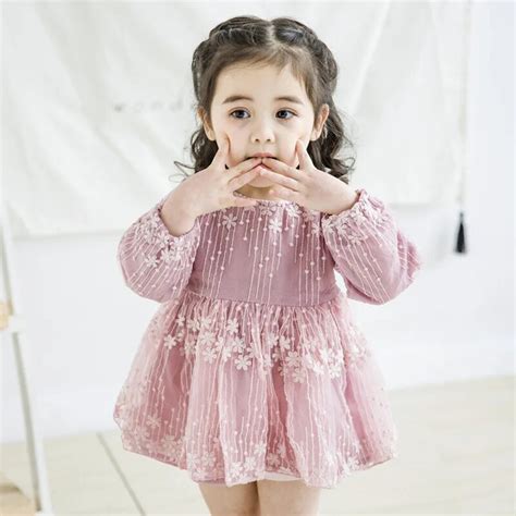2018 New Autumn Kids Children Embroidery Lace Causal Full Sleeve A Line