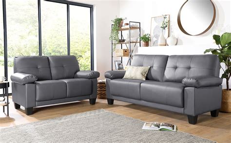 Linton Small Grey Leather 3+2 Seater Sofa Set | Furniture Choice