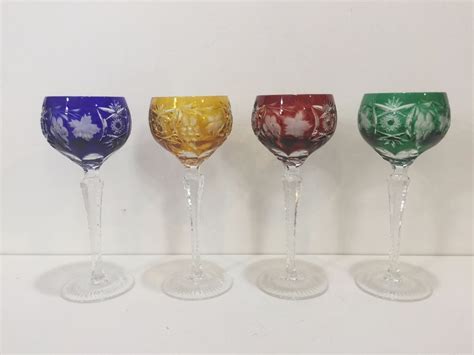 Set Of 4 Ajka Marsala Crystal Tall Wine Hock Goblet Glasses Red Blue Green Amber Ajka Crystal