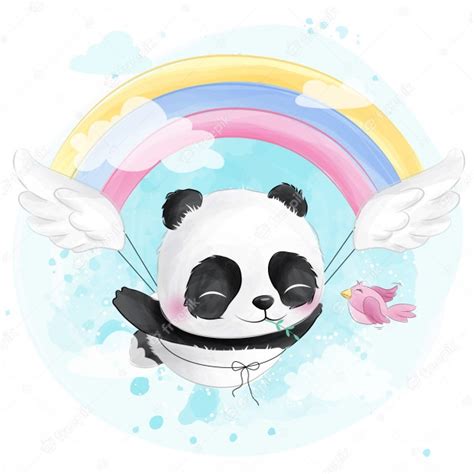 Premium Vector Cute Flying Panda With Rainbow