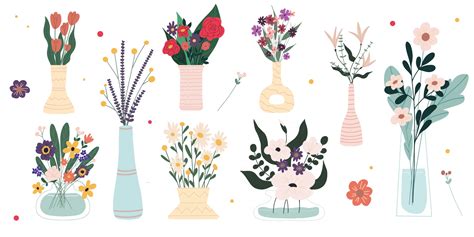 Satz heller Frühling blühende Blumen in Vasen und Flaschen lokalisiert