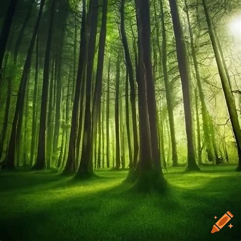 Photograph Of A Bright Forest With Tall Trees On Craiyon