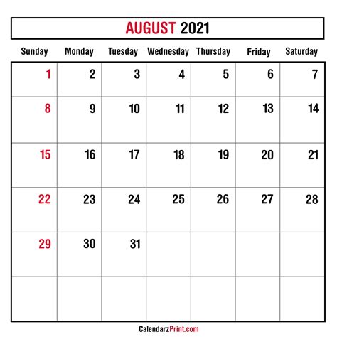 August 2021 Monthly Planner Calendar Printable Free Sunday Start
