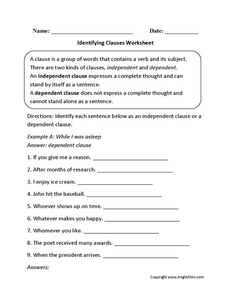 Clauses Worksheets Identifying Clauses Worksheet