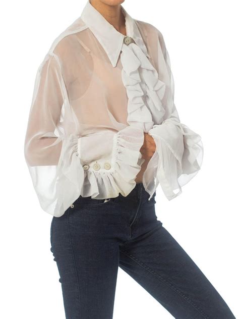 1990s white polyester chiffon sheer ruffled poet s blouse at 1stdibs ruffle sheer blouse