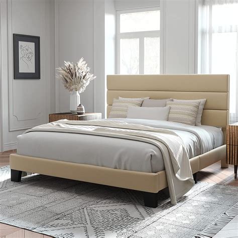 Allewie King Size Platform Bed Frame With Fabric Upholstered Headboard No Box Spring Needed