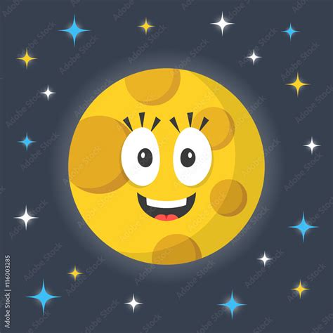 Vector Moon Cute Funny Smiling Cartoon Moon Character And Night Sky