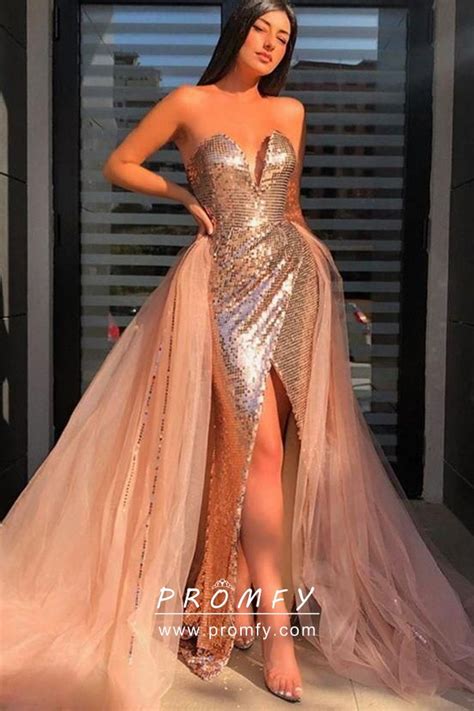 Rose Gold Sequin Tulle Overskirt Split Prom Dress Promfy